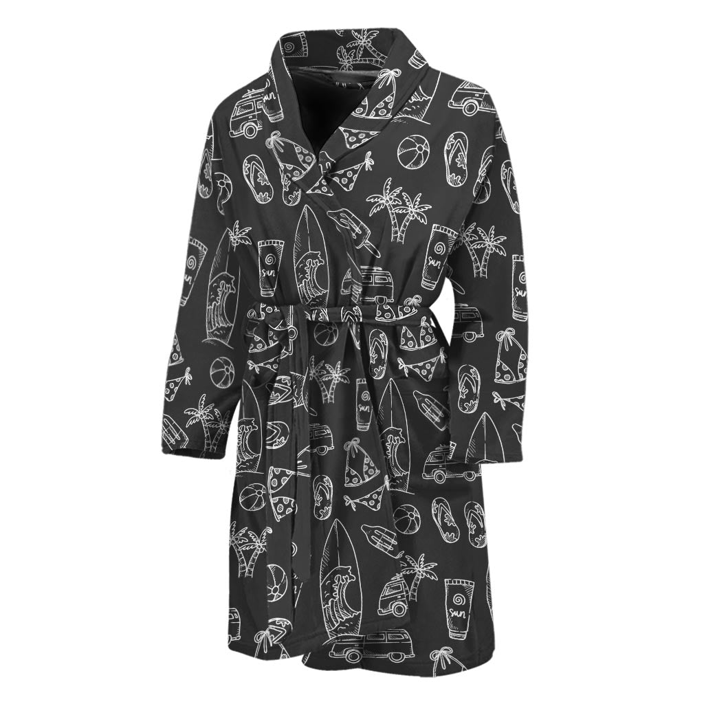 Black White Surfing Pattern Print Men's Bathrobe