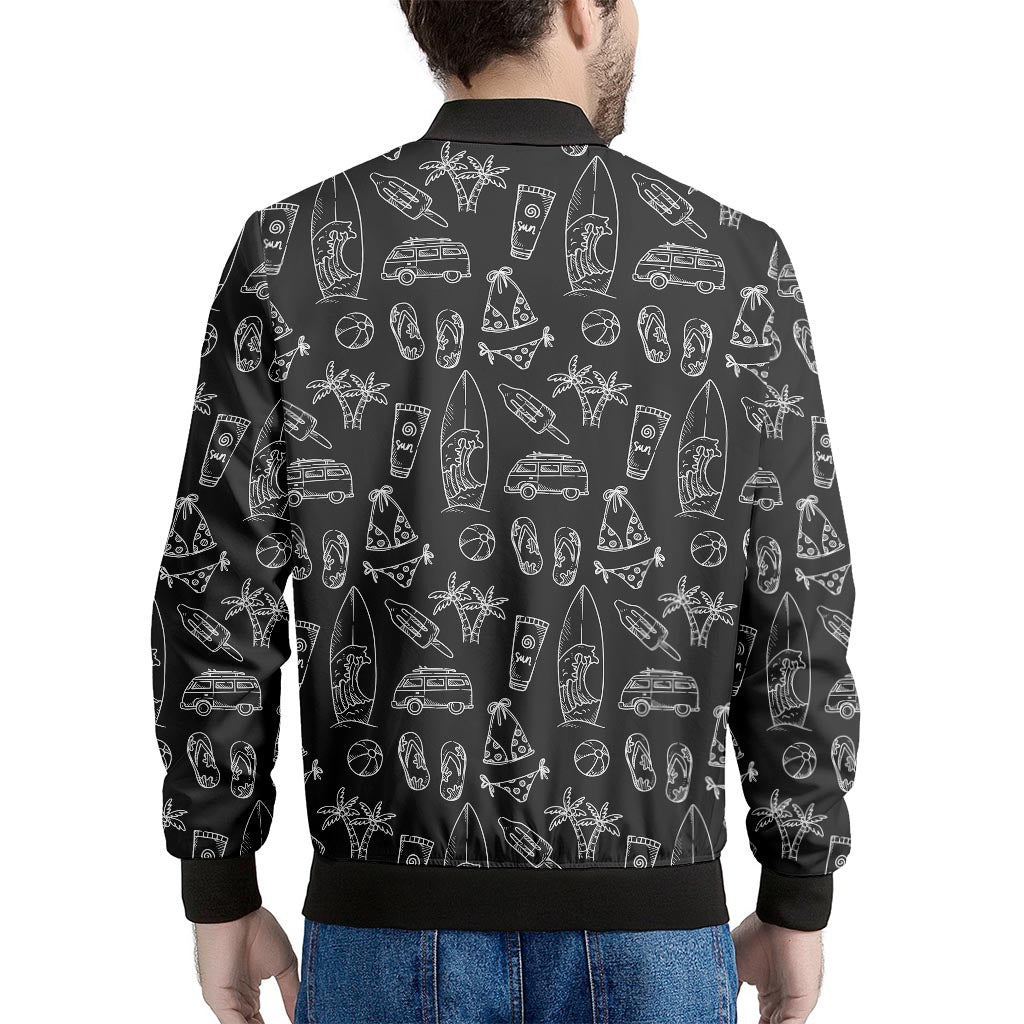 Black White Surfing Pattern Print Men's Bomber Jacket