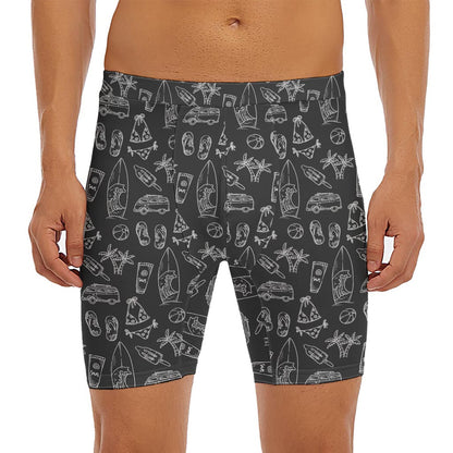 Black White Surfing Pattern Print Men's Long Boxer Briefs