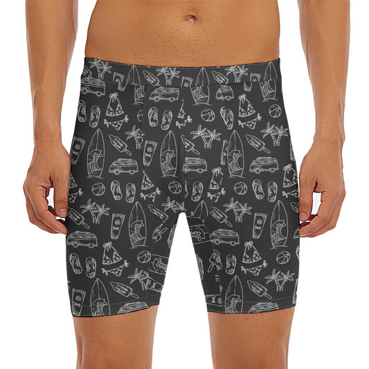 Black White Surfing Pattern Print Men's Long Boxer Briefs