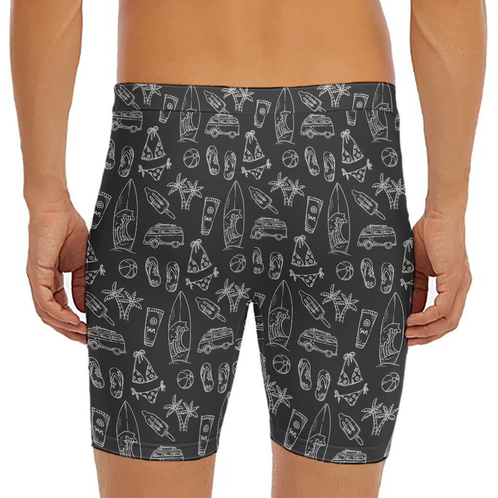 Black White Surfing Pattern Print Men's Long Boxer Briefs