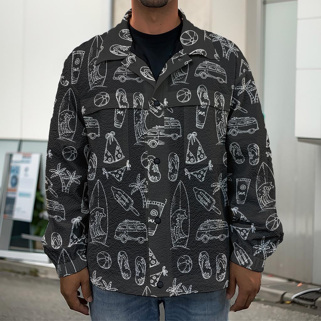 Black White Surfing Pattern Print Men's Shirt Jacket