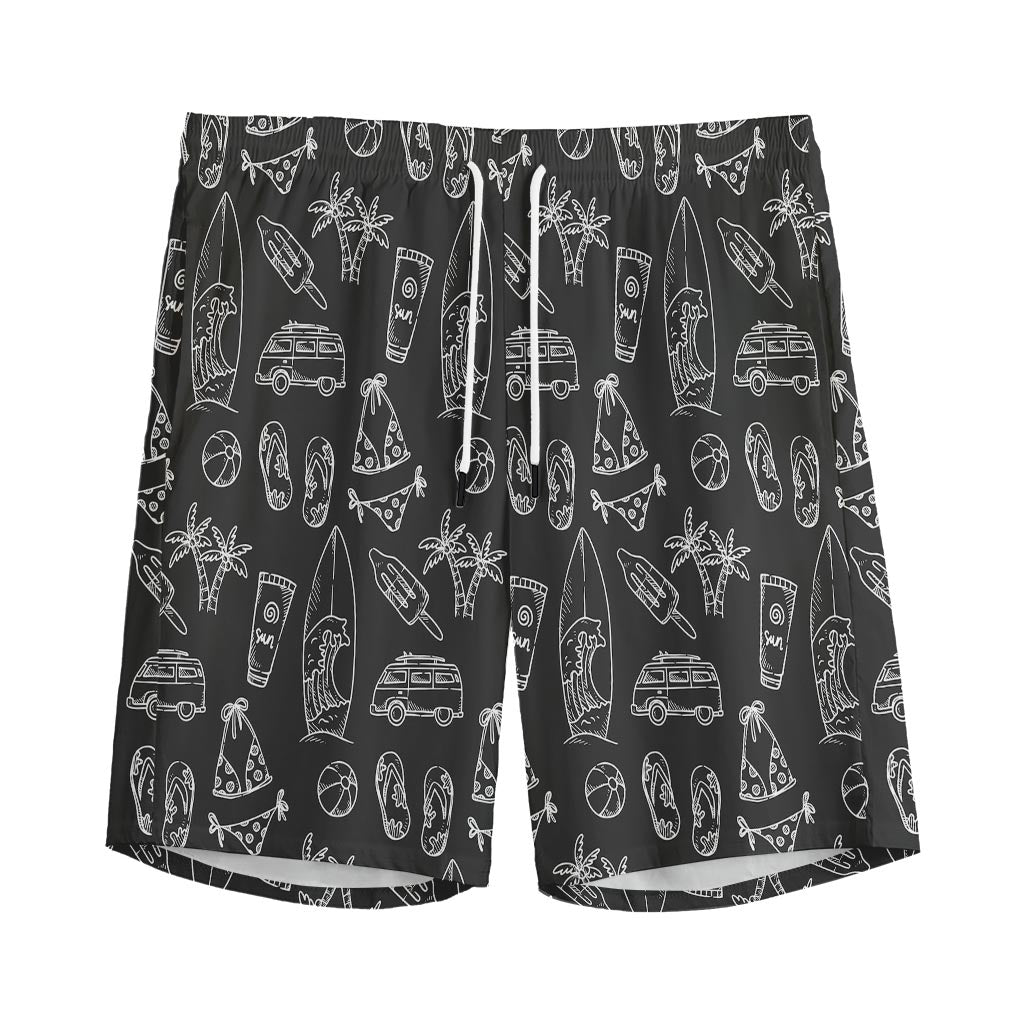 Black White Surfing Pattern Print Men's Sports Shorts