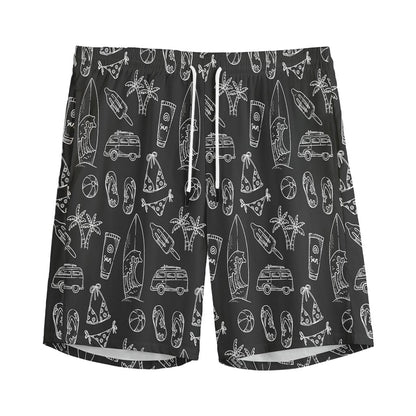 Black White Surfing Pattern Print Men's Sports Shorts