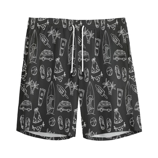 Black White Surfing Pattern Print Men's Sports Shorts