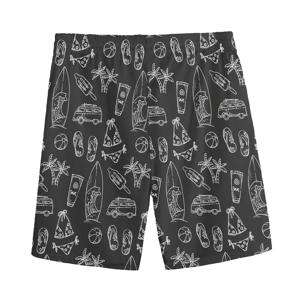 Black White Surfing Pattern Print Men's Sports Shorts