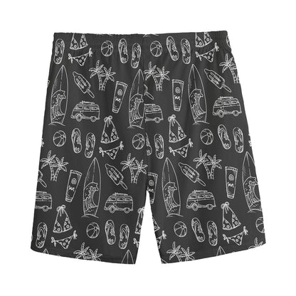 Black White Surfing Pattern Print Men's Sports Shorts