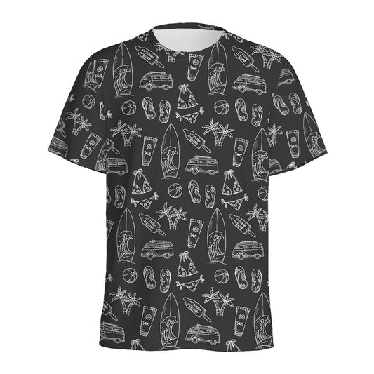Black White Surfing Pattern Print Men's Sports T-Shirt