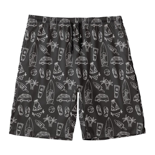 Black White Surfing Pattern Print Men's Swim Trunks