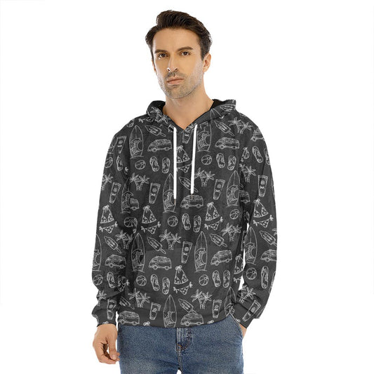 Black White Surfing Pattern Print Men's Velvet Pullover Hoodie