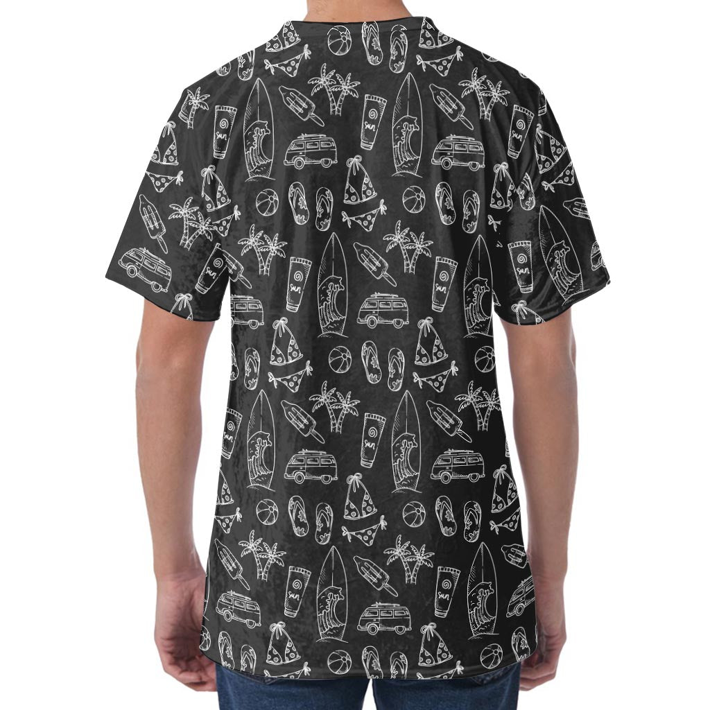 Black White Surfing Pattern Print Men's Velvet T-Shirt