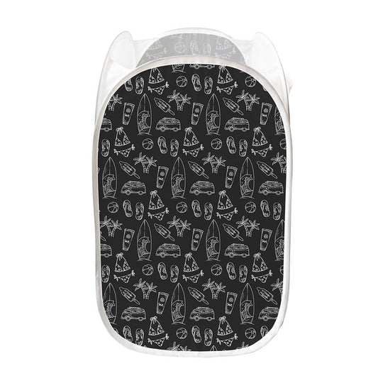 Black White Surfing Pattern Print Mesh Laundry Hamper