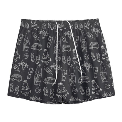 Black White Surfing Pattern Print Mesh Shorts