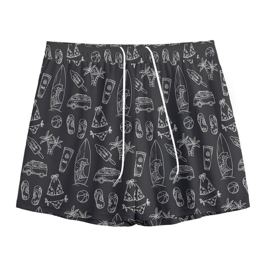 Black White Surfing Pattern Print Mesh Shorts