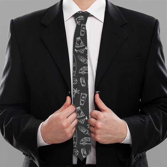 Black White Surfing Pattern Print Necktie