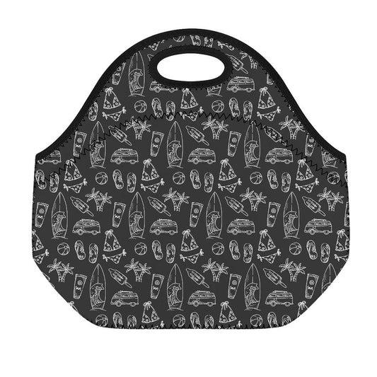 Black White Surfing Pattern Print Neoprene Lunch Bag