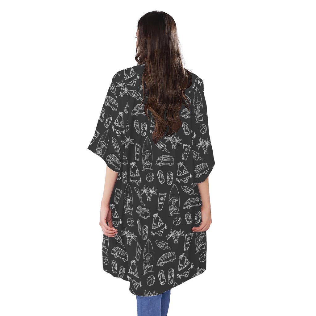 Black White Surfing Pattern Print Open Front Beach Cover Up