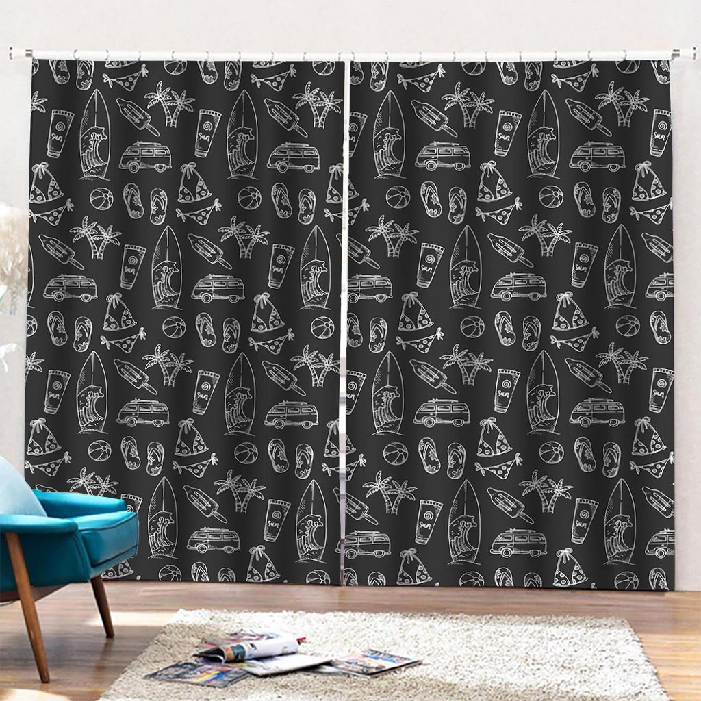 Black White Surfing Pattern Print Pencil Pleat Curtains