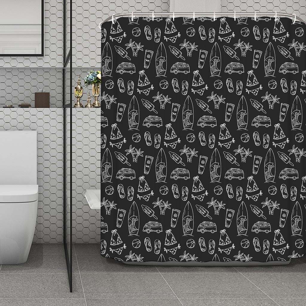 Black White Surfing Pattern Print Polyester Shower Curtain