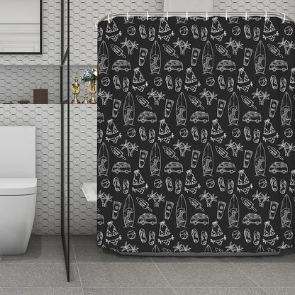 Black White Surfing Pattern Print Polyester Shower Curtain