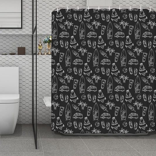Black White Surfing Pattern Print Polyester Shower Curtain