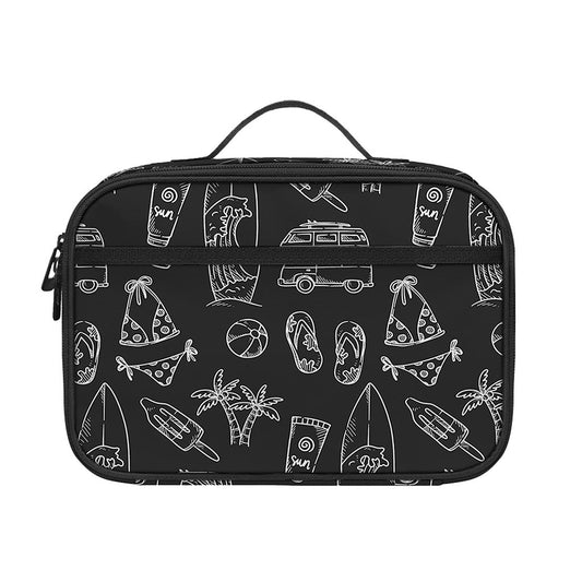 Black White Surfing Pattern Print Portable Lunch Bag