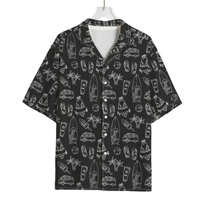 Black White Surfing Pattern Print Rayon Hawaiian Shirt