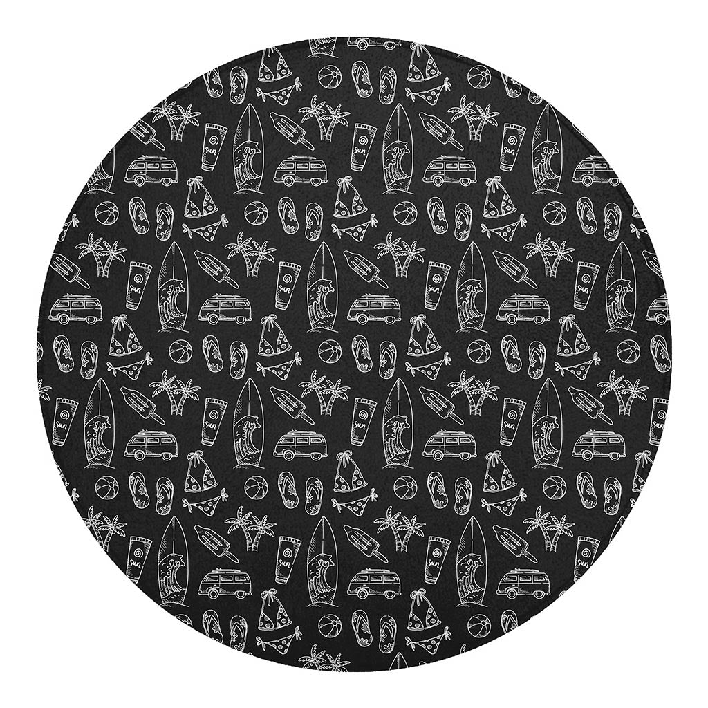 Black White Surfing Pattern Print Round Blanket