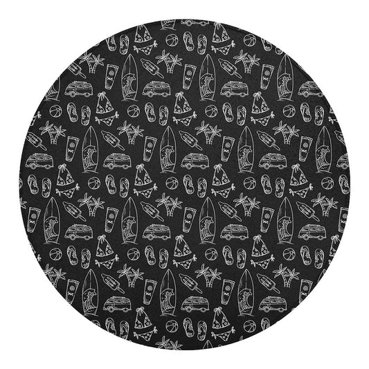 Black White Surfing Pattern Print Round Blanket