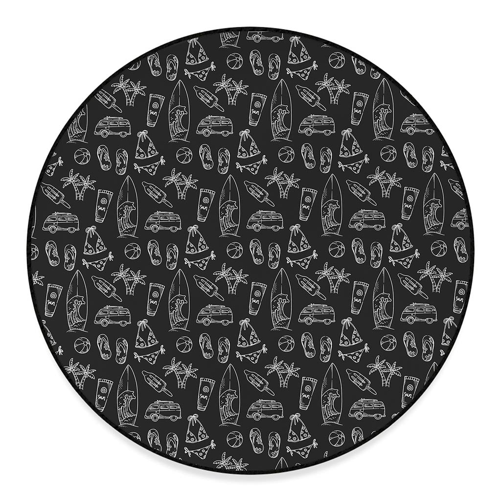 Black White Surfing Pattern Print Round Floor Mat