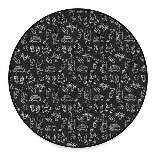 Black White Surfing Pattern Print Round Floor Mat