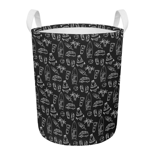 Black White Surfing Pattern Print Round Laundry Basket