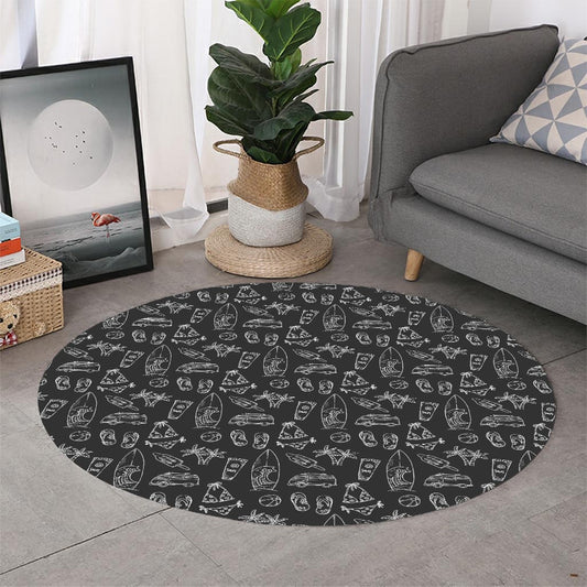 Black White Surfing Pattern Print Round Rug