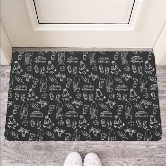 Black White Surfing Pattern Print Rubber Doormat