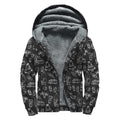 Black White Surfing Pattern Print Sherpa Lined Zip Up Hoodie
