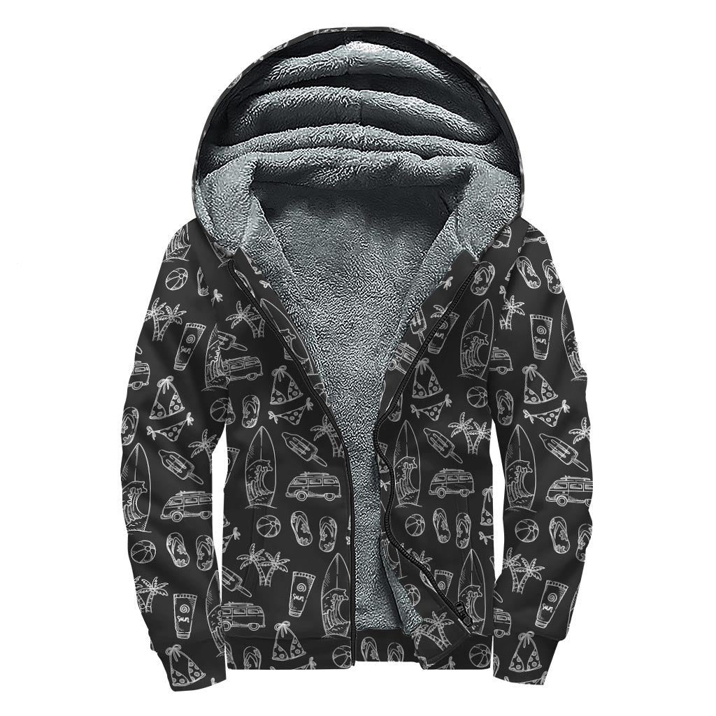 Black White Surfing Pattern Print Sherpa Lined Zip Up Hoodie