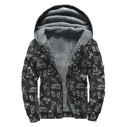 Black White Surfing Pattern Print Sherpa Lined Zip Up Hoodie
