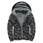 Black White Surfing Pattern Print Sherpa Lined Zip Up Hoodie