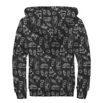 Black White Surfing Pattern Print Sherpa Lined Zip Up Hoodie