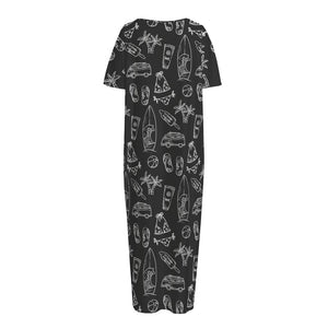 Black White Surfing Pattern Print Short Sleeve Long Nightdress