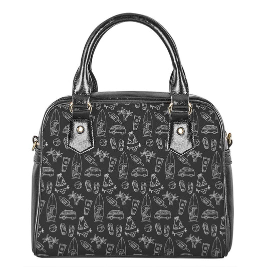 Black White Surfing Pattern Print Shoulder Handbag