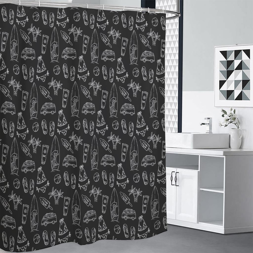 Black White Surfing Pattern Print Shower Curtain