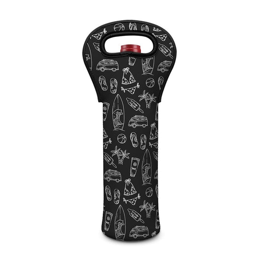 Black White Surfing Pattern Print Single Neoprene Wine Tote