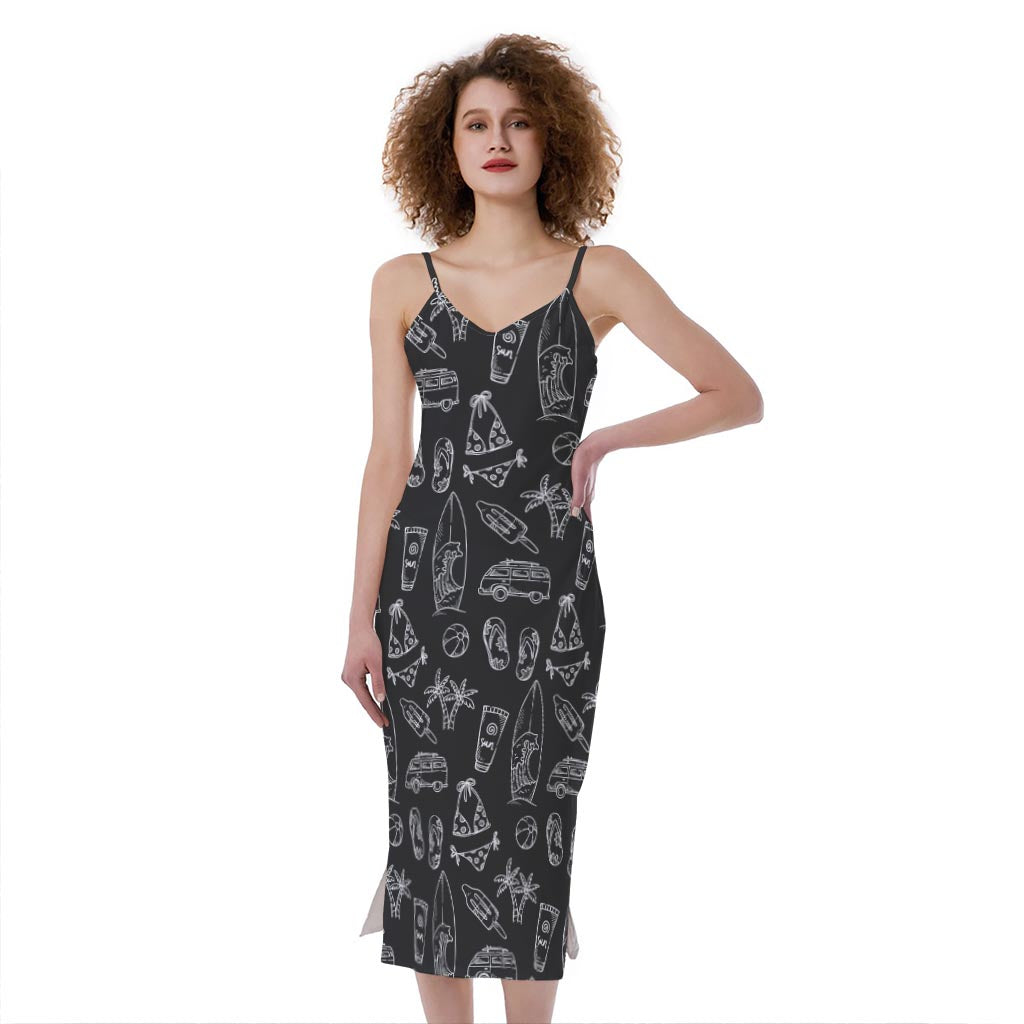 Black White Surfing Pattern Print Slim Fit Midi Cami Dress