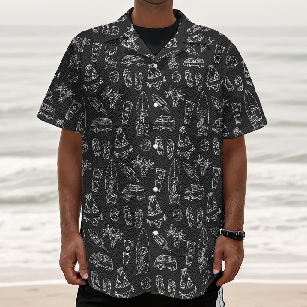 Black White Surfing Pattern Print Textured Short Sleeve Shirt