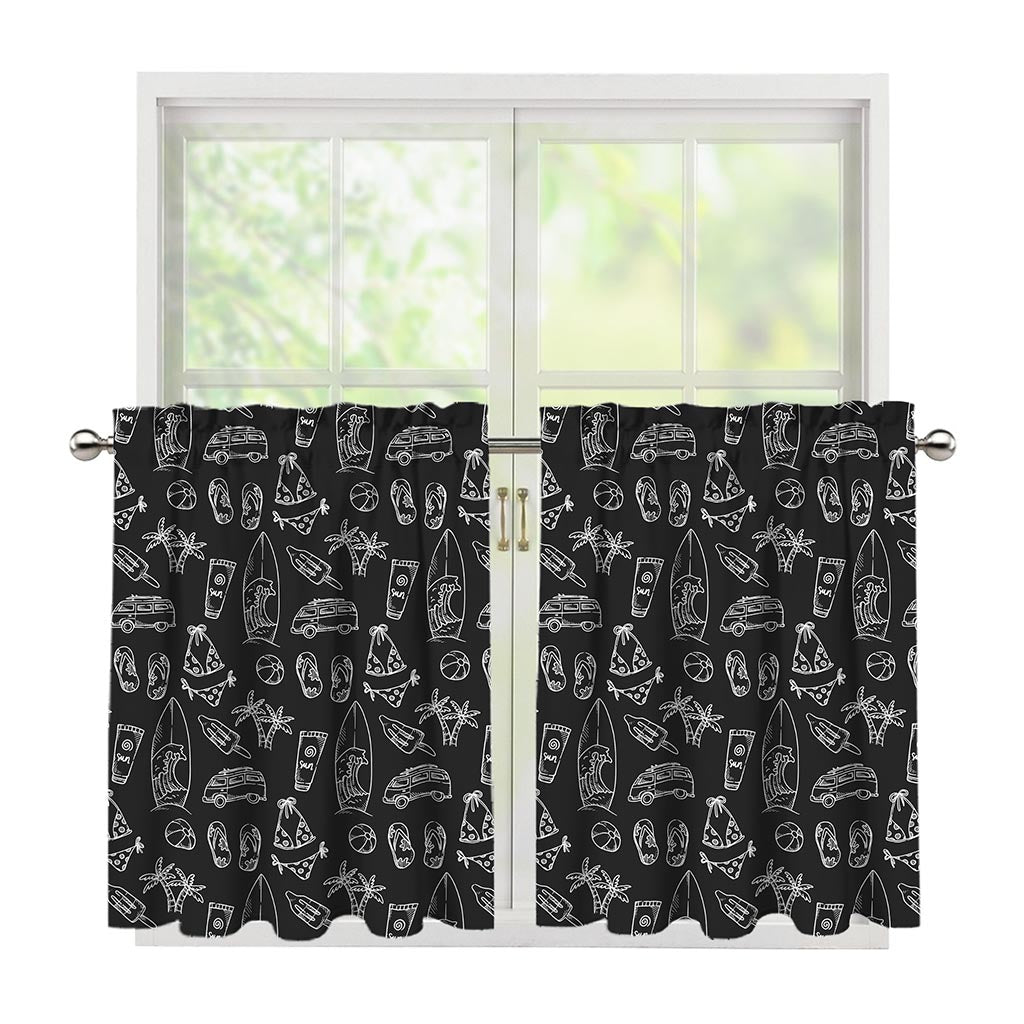 Black White Surfing Pattern Print Tier Curtains