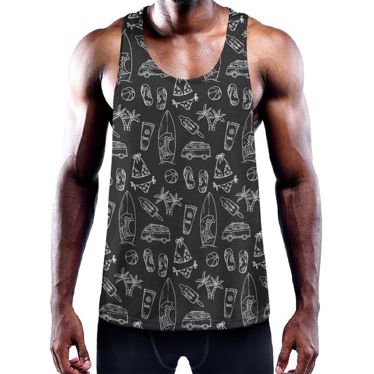 Black White Surfing Pattern Print Training Tank Top