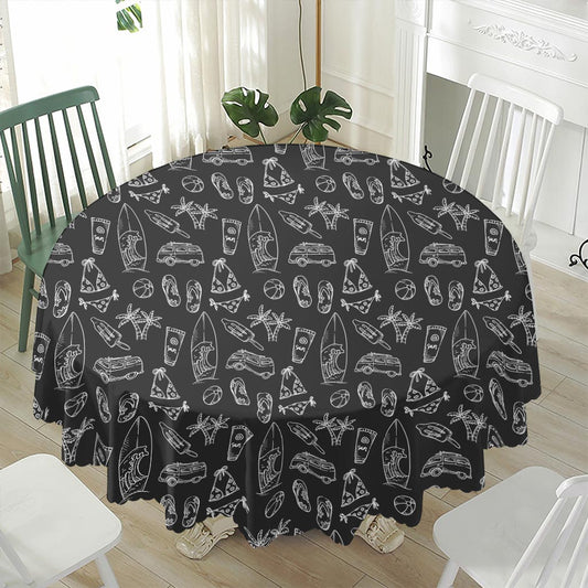 Black White Surfing Pattern Print Waterproof Round Tablecloth