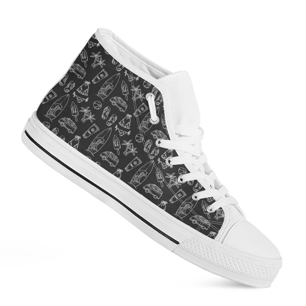 Black White Surfing Pattern Print White High Top Sneakers