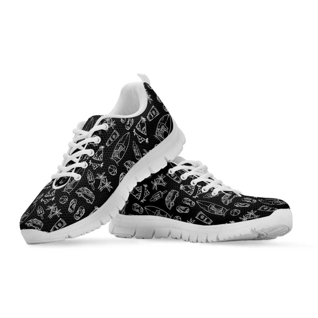 Black White Surfing Pattern Print White Running Shoes